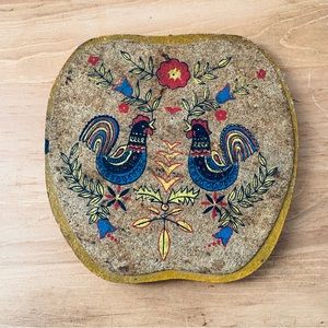 Vtg Trivet Roosters Flowers PA Dutch Style Country Folk Art Cork Wood Hot Pad